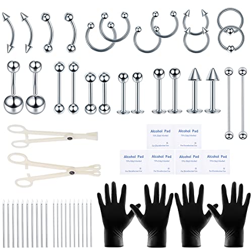 58Pcs Body Piercing Kit Surgical Steel 14G 16G Bcr Cbr Labret Lip Rings Cartilage Daith Earrings Belly Button Rings Nose Septum Piercing Jewelry Needles Gloves Clamps Tools #TOP1