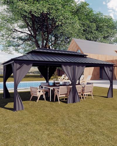 Hardtop Gazebo 12'x20' for All Weather, with Double Metal Roof, Aluminum Alloy Frame, Net, and Curtain, Permanent Building for Patio, Deck, Backyard, Lawn, and Garden, Gray