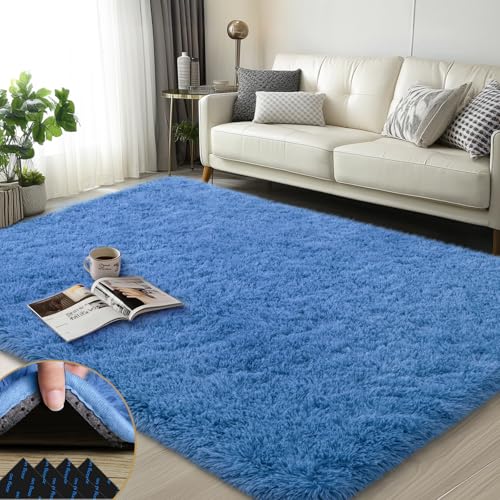 3x5 Rugs for Bedroom, Blue Fluffy Area Rugs for Living Room, Soft Shag Kids Rug Small Carpet with 4 Non-Slip Rug Pads (Blue, 3ft x 5ft)
