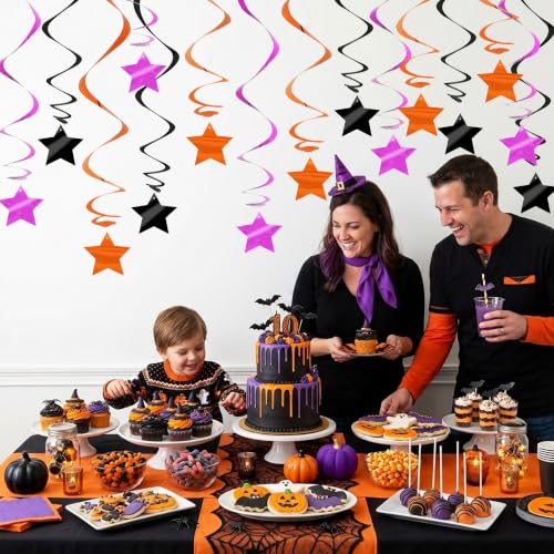 Image of BEISHID Black Purple Orange Stars Hanging Swirls Pre-Strung Hallowen Hanging Decorations for Halloween Birthday Party Baby Shower Decorations Supplies,Pack of 15