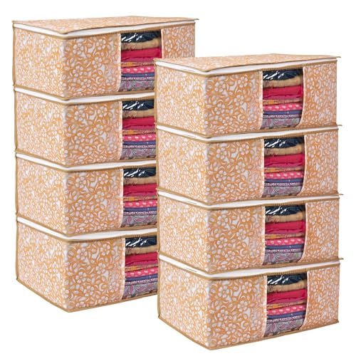 Image of Non-Woven Printed Saree Covers - Cloth Storage /Wardrobe with Transparent Window, Zipper Closure (YELLOW PACK OF 8)