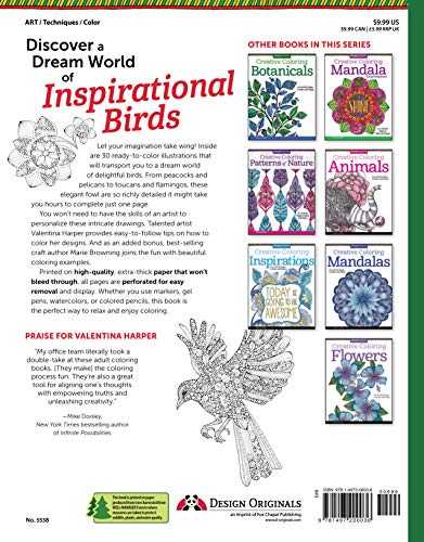 Creative Coloring Birds: Art Activity Pages to Relax and Enjoy! (Design Originals) 30 Designs with Owls, Songbirds, Peacocks, and More, on Extra-Thick Perforated Paper, plus Beginner-Friendly Tips - Thumbnail 2