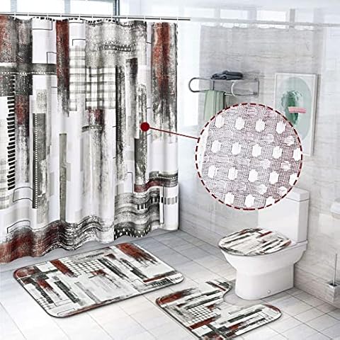 Likiyol 4 Pcs Red and Black Geometric Shower Curtain Sets with Non-Slip Rugs, Toilet Lid Cover and Bath Mat, Modern Waffle Heavy Duty Fabric Shower Curtain with Hooks, Gray Abstract Shower Curtain Cover