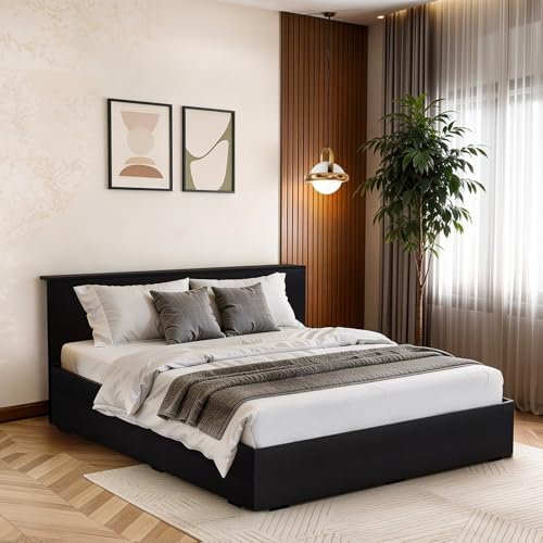 Image of ABOUT SPACE Bed - (84 x 62 inches) Queen Size Bed Without Storage | Engineered Wooden Bed Frame with Headboard & MDF Support Board for Mattress | 1-Year Warranty Cot for Bedroom - Smoked Pine