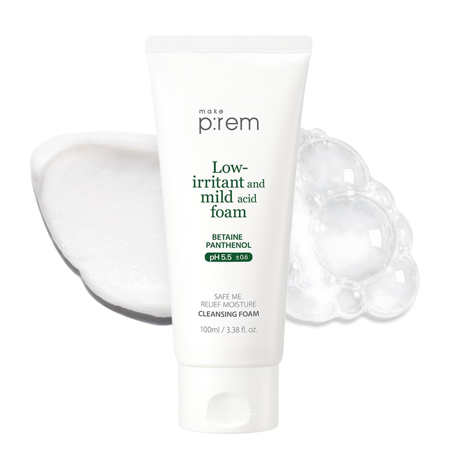 MAKE P:REM Safe Me. Relief Moisture Cleansing Foam, Delicate Eye-Friendly Face Wash for Sensitive Skin, pH Balanced Deep Pore Cleansing, Korean Skin