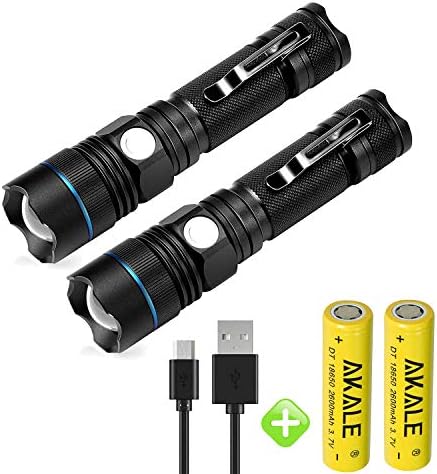 Akale Rechargeable LED Flashlight, Pocket-Sized LED Torch, Super Bright 400 Lumens CREE LED, Zoomable, IP65 Water Resistant, 5 Modes, Indoors and Outdoors (Camping, Hiking, and Cycling Use) 2 PACK