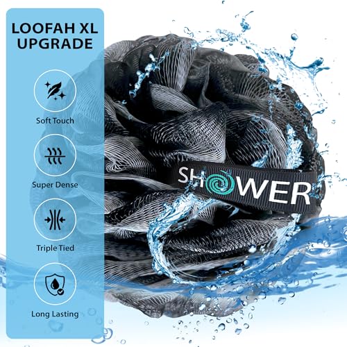 Image of Loofah Charcoal Bath Sponge XL 75g Set by Shower Bouquet: 4 Pack, Extra Large Mesh Pouf Soft Scrubber for Men and Women - Exfoliate with Big Black & White Gentle Cleanse in Beauty Bathing Accessories