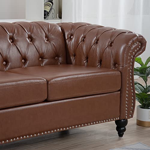 Chesterfield Faux Leather Sofa, 3 Seater Upholstered Tufted Couch With Removable Cushions Wood Legs And Rolled Arms, For Living Room Office Apartment (Pu Leather, Brown) #TOP7
