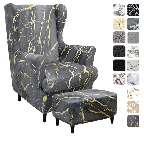 Alishomtll 3 Teilig Ohrensessel Überzug Mit Ottomane Schonbezug Stretch Sessel-Überwürfe Elastisch Sesselhusse Strandmon Tiger Stuhlbezug mit Armlehne Hohe Rückenlehne Universal (Grau Gold Marmor)