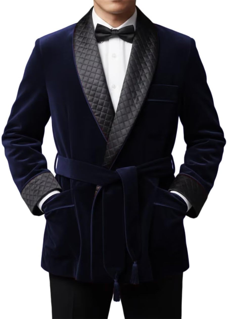 Men's Short Velvet Smoking Jacket Shawl Lapel Smoking Robe Wedding Dinner Party Blazer Coat with Belt YZZ008