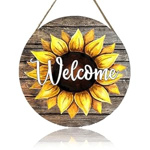 Signs & Plaques, Garden Signs, Welcome Sign, Wooden Round Sunflower Wall Decor for Home Outside Garden Front Door Hallway Living Room 20x20cm