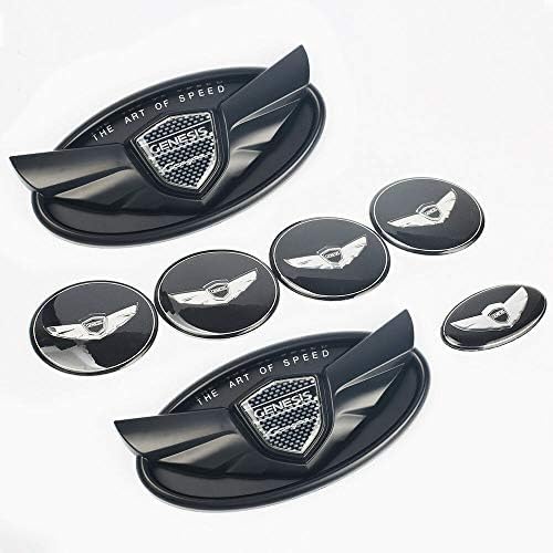 7PCS Genesis Wing Emblem Badge Front/Rear Wheel Hub Cap The Art of Speed Nameplate (Black)