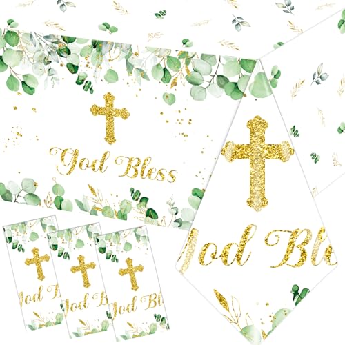 GREHUMOR 3Pcs God Bless Baptism Tablecloth Decorations First Holy Communion Table Cover Mi Bautizo Christening Party Supplies Disposable Plastic Tablecloths for Boys Girls Celebration Baby Shower