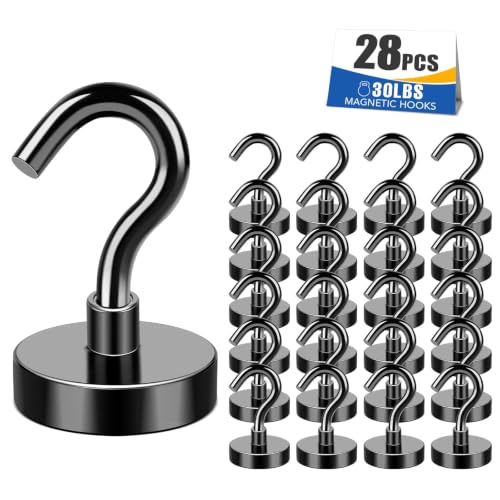 Image of MIKEDE Magnetic Hooks 28P for Outdoor Hanging 30LBS Black | Strong Magnetic Cruise Refrigerator Hooks for Hanging, Kitchen, Garage, Classroom, Beach Vacation Kitchen Grills