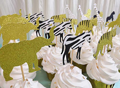 24 Pcs Cooper Life Jungle Safari Animal Cupcake Toppers Gold Glitter Zoo Cake Topper Picks Decoration For Jungle Safari Animals Theme Party Baby Showers Kids Birthday Party Supplies #TOP6