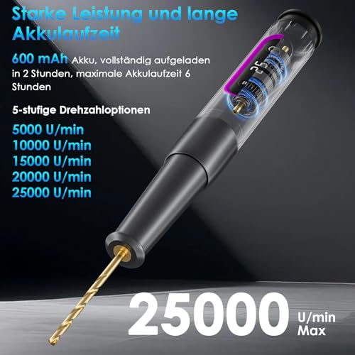 Diealles Shine Mini Bohrmaschine Elektrisch, Mini Bohrer mit 10 Bohrergrößen, 5 Geschwindigkeitsstufen, USB-Aufladung, Kleine Bohrmaschine für Schmuckherstellung/Holz/Leiterplatte/Leder 2,35 mm Schaft