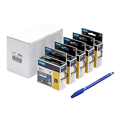 5 x Dymo 18489 Rhino Industrie Flexible Nylon Etiketten, selbstklebend, 19 mm x 3,5 m Rolle, schwarz Druck auf weiß + Papermate Kugelschreiber Geschenk