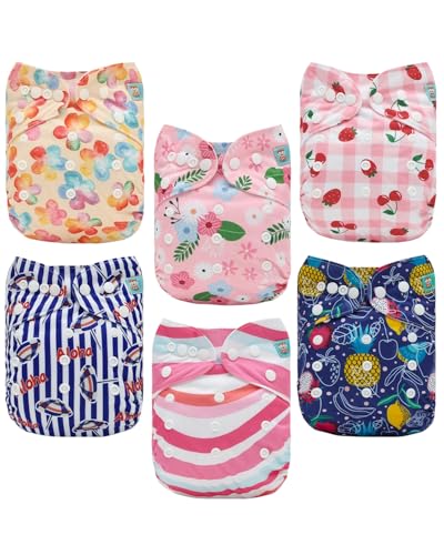 Image of ALVABABY Baby Cloth Diaper 6 Pack with 12 Inserts One Size Cloth Diaper Covers Adjustable Washable Reusable for Baby Girls and Boys