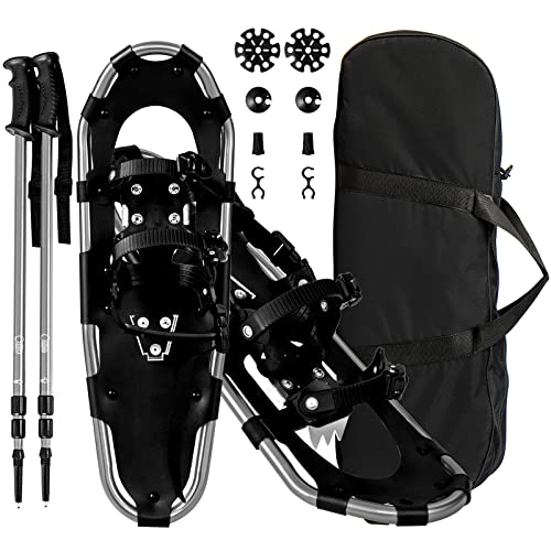 GYMAX Set Ciaspole da Neve, Racchette da Neve in Leghe di Alluminio con Bastoni da Trekking Regolabile e Borsa Impermeabile, Gamma di Peso 30-130 kg (Argento, 21 pollici)