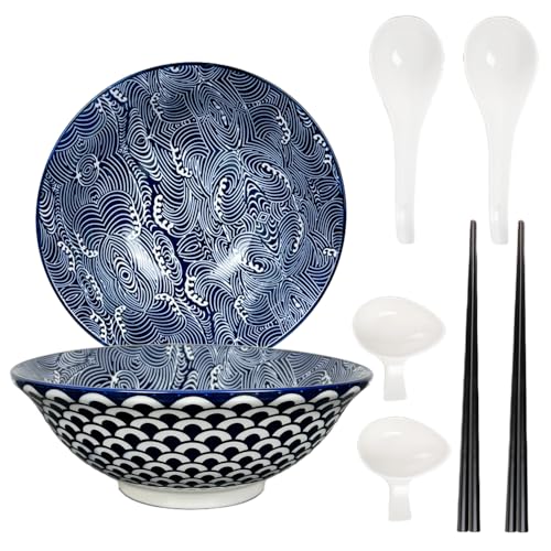 Urban Lifestyle – Juego de 8 Cuencos Ramen de Porcelana 1 L · Para 2 Personas con Cuencos, Cuencos para Salsa, Cucharas y Palillos · Ideal para Bol Ramen, Ramen Bowl, Udon, Pho y Ensaladas (Seigaiha)