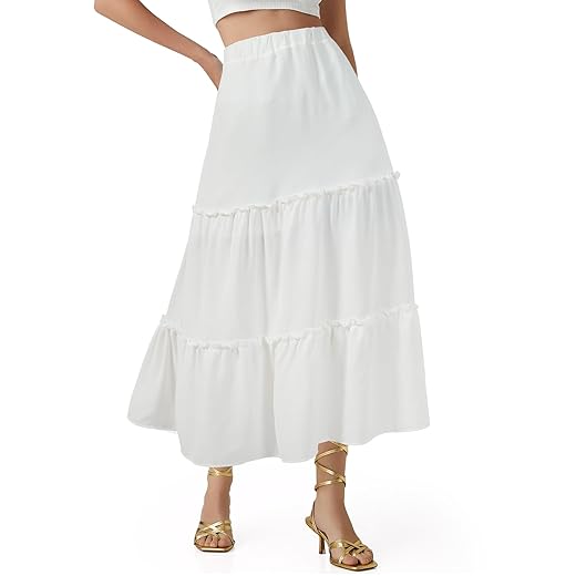 Jane Shine Vestido de praia feminino boho maxi evasê evasê cintura alta elástico com babados e forro