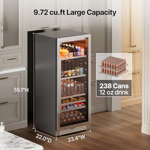 Image of Ca'Lefort Beverage Refrigerator Cooler - 24 Inch Beverage Fridge 238 Can with Glass Door, Built-in or Freestanding Refrigerator with 3 Color LED, Drink Cooler for Soda Beer or Wine (Right-Hinged)