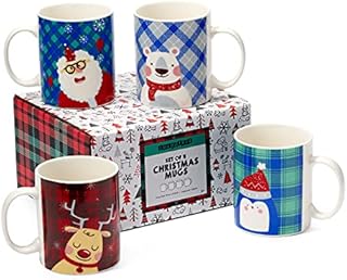 THE TWIDDLERS - 4 Christmas Mugs Different Festive Designs for Xmas Party Gift Set Secret Santa Present - 340 ml