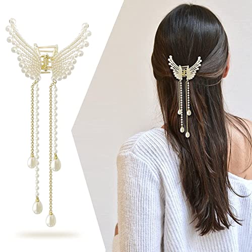 Image of BAKEFY Korean Style Metal Hair Claw Clip for Women & Girls | White & Gold Butterfly Hair Clutcher | Pearl & Stone Jaw Clamp Hair Accessory | Bridal, Wedding & Party | 1 Piece