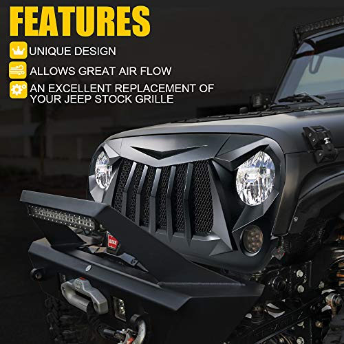 Image of Xprite Matte Black Front Grill Grid Grille w /Mesh Compatible with Jeep Wrangler Rubicon Sahara Sport JK 2007-2018