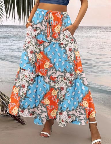 Jupe longue décontractée imprimé floral style bohème chic fluide avec poches - 3