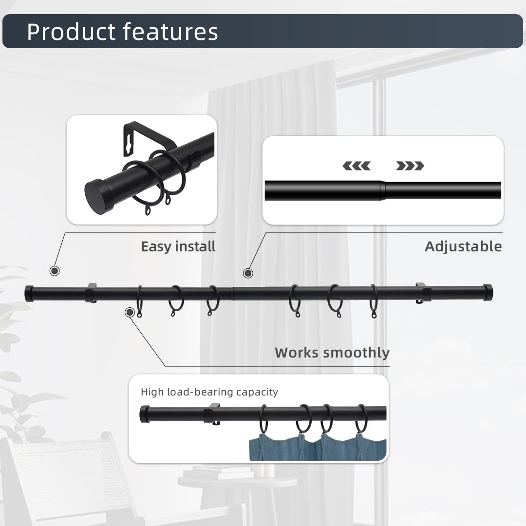25 mm diameter black curtain poles, 70-140 cm seamless curtain rod design - Image 2