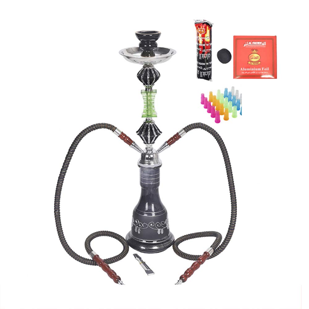 Cachimba Shisha Smoking Set Hookah, Hookahs Portátiles Set 2 Mangueras Base de Jarrón de Vidrio para Bar, Batido Lento, Filtro KTV Glass Hookah Shisha Full Set,Negro