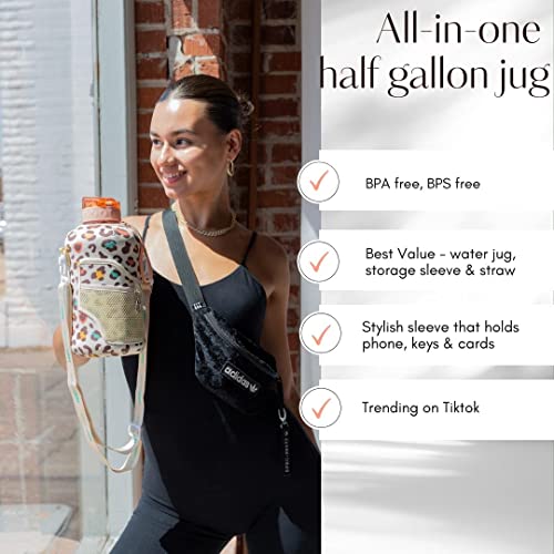 H2O Capsule 2.2L Half Gallon Water Bottle With Storage Sleeve And Removable Straw – Bpa Free Large Reusable Drink Container With Handle - Big Sports Jug, 2.2 Liter (74 Ounce), Leopard Gems #TOP2