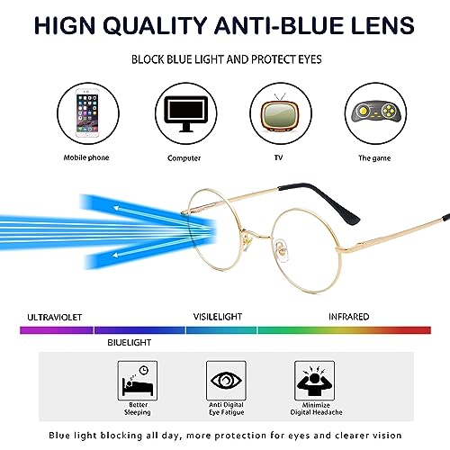 Kursan Round Blue Light Glasses for Women Men Retro Circle Metal Frame Eyeglasses Two Sizes (Gold - 48MM)