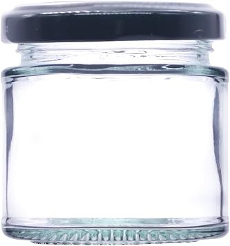 125ml small jam jars, packs of 12, with black twist off lids