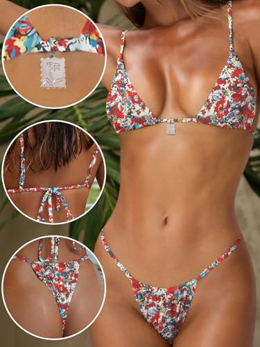 Image of OWICA Women's Sexy Triangle Bikini Sets Cheeky Thong Swimsuit Adjustable Spaghetti Straps Bathing Suit