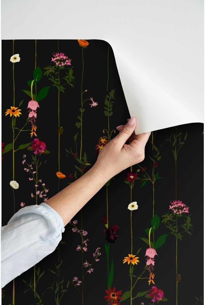 Peel & Stick Wallpaper 6ft x 2ft - Moody Floral Dark Flower Stripe Wildflower Minimal Midcentury Modern Stripes Custom Removable Wallpaper by Spoonflower