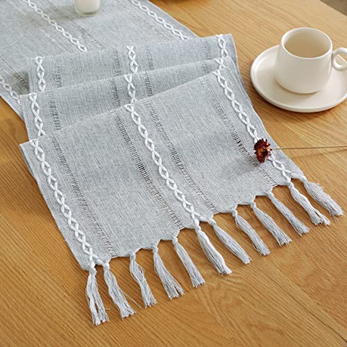 Jiale Table Runner, Rustic Farmhouse Table Runners With Tassels, Boho Cotton Linen Table Runner For Table Decorations, Holiday Party And Wedding, 108 Inches, Light Grey #TOP6