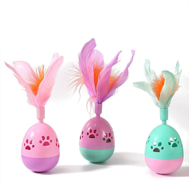 Juguete interactivo rodante para gatos con plumas y campana pack de 3 colores