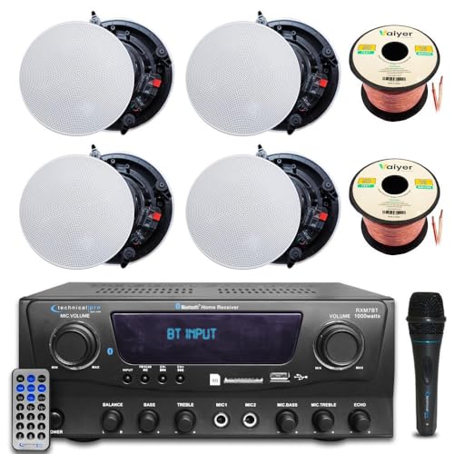 Image of Vaiyer Home Theater System Kit - 1000 W Bluetooth Amplifier w / 4 Qty of 8 inch Frameless in-wall /in-Ceiling Speakers 300 W Each, Mic, 100 ft Speaker Wire & Remote - for Home, Office, Restaurant
