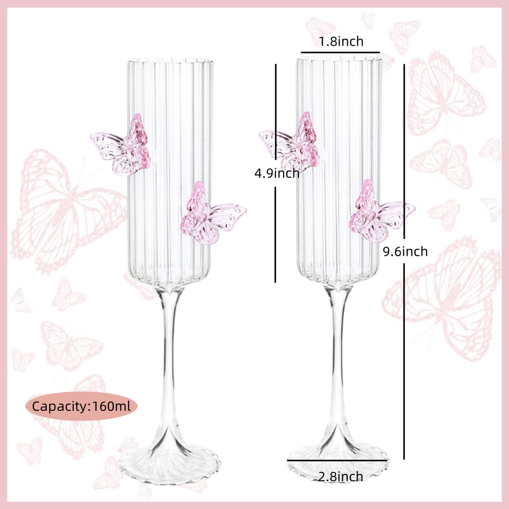 UNWAAT 2 Pack Champagne Glasses with 3D Butterflies Coquette Butterfly Wine Glasses Pink Butterfly Wine Cocktails Glassware for Home Bar Wedding Bridal Shower Bachelorette Party (Stripes glass)