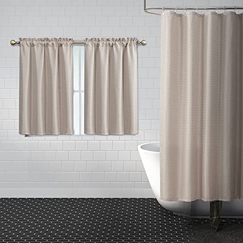 Home Queen 3 Pc Waffle Textured Bathroom Curtain Set, 1 Pc Heavy Duty Waffle Shower Curtain (72 X 72 Inch) + 2 Pc Water Repellent Tier Curtains(36 X 45 Inch), Taupe #TOP16