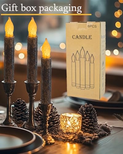 Image of 6.5'' Primitive Candles with Timer Remote for Primitive Decor | Hand Dipped Rustic Real Wax Primitive Taper Candles for Vintage Home Kitchen, Country Room, Christmas Halloween Decor