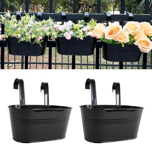 Joyfernal 12" Balcony Railing Planters, Outdoor Hanging Planter for Fence, Stylish Metal Porch Deck Flower Pot for Herbs & Succulents (Black, Pack of 2)