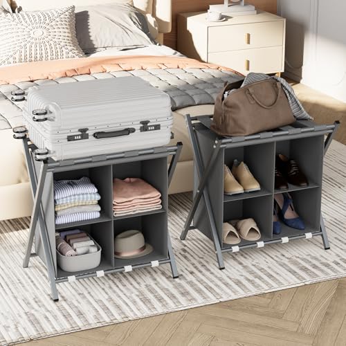 Huhote Supporto per valigie, 2 pezzi, supporto pieghevole per valigie, supporti per valigie con scomparto portaoggetti, supporto per valigie per camera degli ospiti, camera da letto, hotel, per