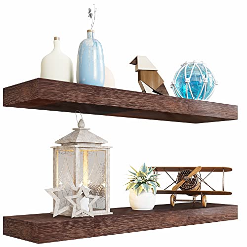 BAMFOX Floating Shelves Set of 2ï¼ŒNatural Bamboo Wall Shelf Wall Mounted Shelvesï¼ŒWall Mount Display Rack with Large Storage L23 x W6 for Living Room Kitchen Bathroom Bedroom