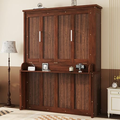 KEIKI Queen Size Murphy Bed with Desk, Horizontal Wood Wall Bed Cabinet with Gas Struts, Space-Saving Folding Bed for Bedroom, Living Room, Guest Room, Walnut