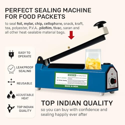 Image of SKADIO Sealing Machine for Food Packets | 12 Inch Blue Metal Body with Adjustable 8 Level Timer Control, Compact Hand Press Design for Home & Shop Use | Durable Packet Sealer Machine for Plastic Bags