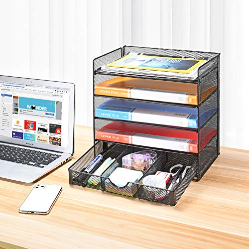 Veesun Paper Letter Tray Organizer, Mesh Desk File Organizer with a Sliding Drawer and 4 Tier Shelf Sorter,Black