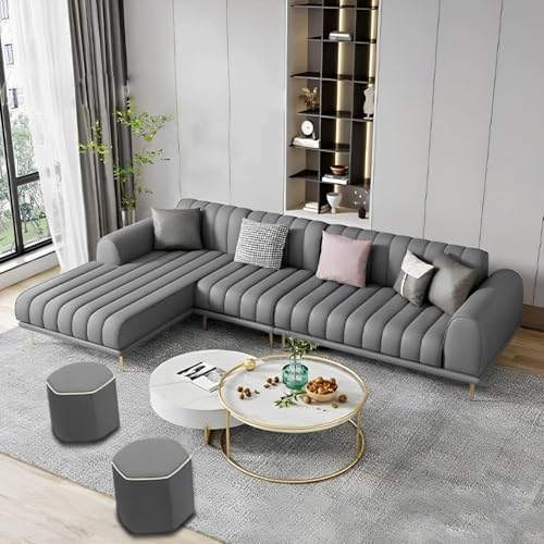 Image of Casaliving Herrick LHS 6 Seater L Shape Sofa Set with 2 Puffy for Living Room (Dark Grey Colour Fabric) Premium Velvet Fabric Sofa
